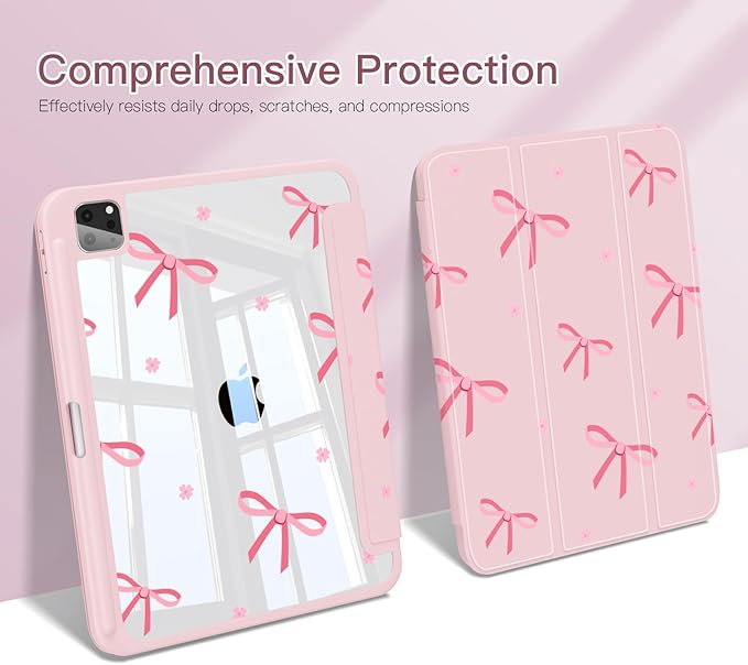 Teryeefi for iPad Air 11-Inch Case M4 (2026) / M3 (2025) / M2 (2024) iPad Air 4th/5th Generation iPad Pro 11 in 4th/3rd/2nd/1st - Clear Back Cover with Pencil Holder Auto Wake/Sleep (Pink Bows)