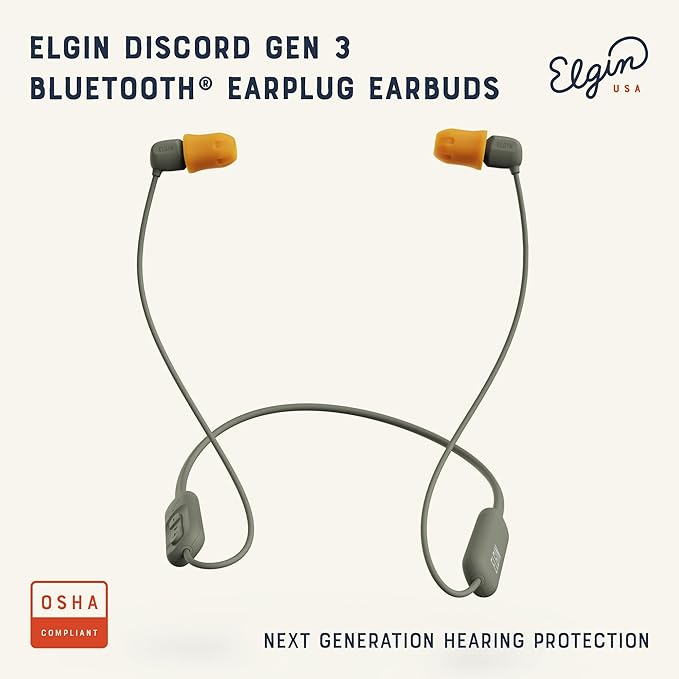 Elgin Discord Gen 3 Bluetooth Earplug Earbuds OSHA Compliant Wireless in-Ear Headphones 31dB NRR ANSI Certified Noise Isolation Dynamic 8mm Driver USB-C Charging 14-Hour Playback