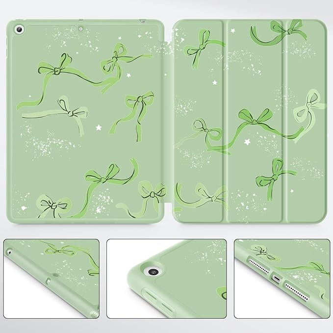 Tuiklol Case for iPad 10.2 Inch 2021 2020 2018 Release 9th / 8th / 7th Generation Built-in Pencil Holder TPU Protective Stand Back Cover Trifold Stand-Auto Wake/Sleep Bow-Green