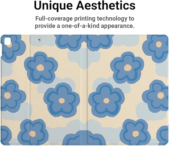 Compatible with iPad Case 9/8/7th Gen 10.2 / iPad Air 3rd 10.5 - Folio Cute Cover - with Art Design for Women - Auto Wake/Sleep Premium Leather with Pencil Holder - Teal Blue Flower