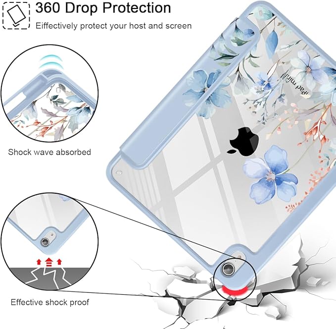 May Chen Slim Case for iPad mini 7 (A17 Pro 7th Generation) 2024 / iPad mini 6 (6th Gen) 8.3 Inch [Built-in Pencil Holder] Shockproof Cover Clear Clear Back Shell Auto Wake/Sleep Wild Flowers