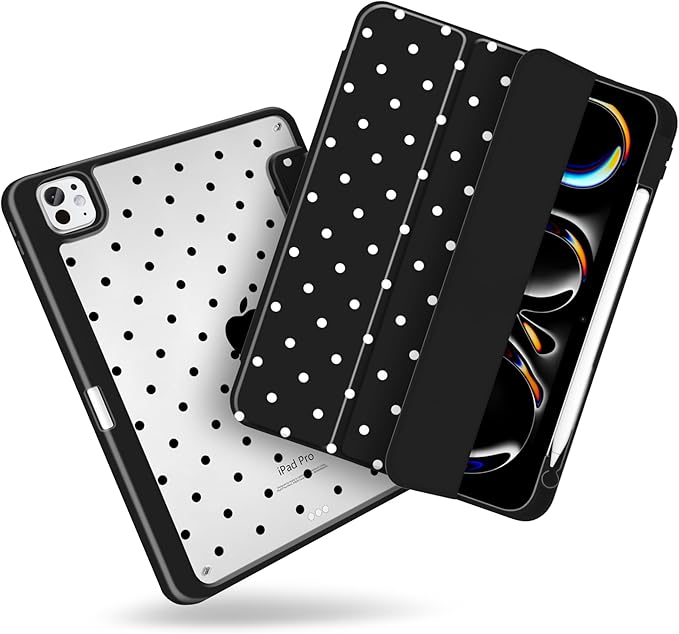MecBevia Case for iPad Pro 11 inch M5 2025 / M4 2024 (6th/5th Gen) A3357 A3358 A3359 A2836 A2837 A3006 – Built-in Pencil Holder &amp Auto Wake/Sleep Polka Dot