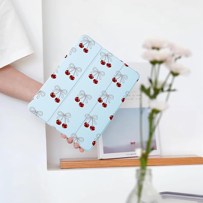 Kawaii Cute Cherry Bow for iPad Air 3 Case with Pencil Holder Auto Sleep/Wake Blue Leather Soft TPU Back Cover for iPad Pro 10.5 Inch 2017