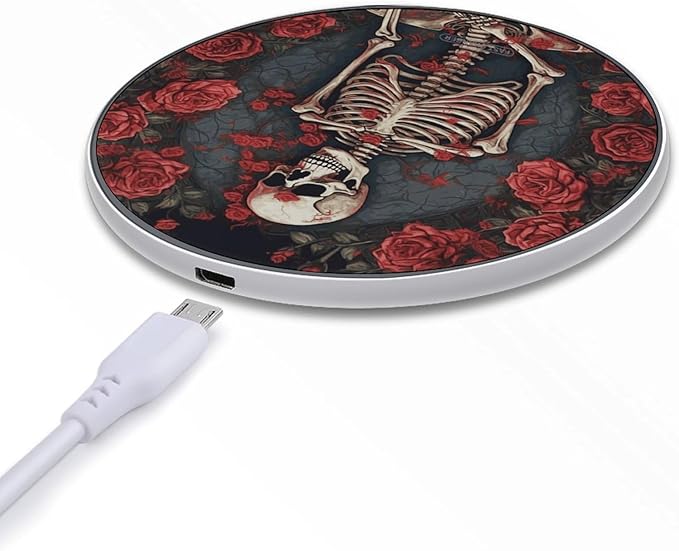 Skeleton with Roses Wireless Charger Fast Wireless Charging Pad with USB Cable 10W Anti-Slip Magnetic Wireless Charger Portable Slim Charger Puck Travel Charging Station