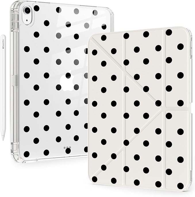 Cute Black Polka Dot for iPad Air5/Air4 Case with Pencil Holder Auto Sleep/Wake White Leather Acrylic Back Detachable Cover for iPad 10.9 Inch 2022/2020