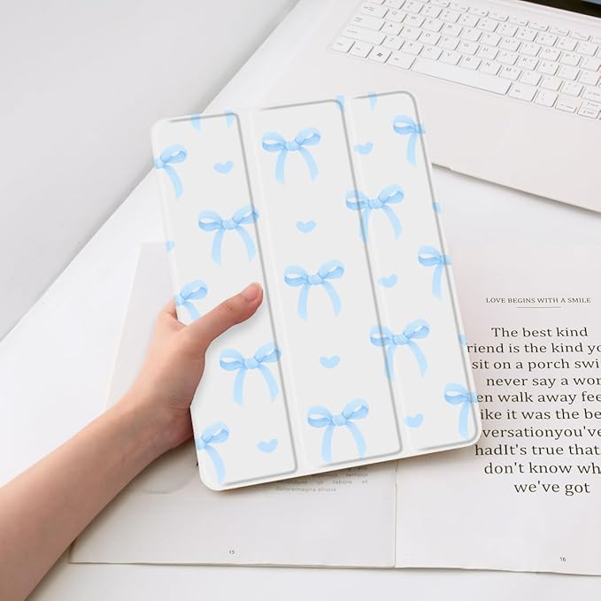 Cute Bowknot Case for iPad mini 7 (A17 Pro) 2024 / iPad mini 6 2021 8.3 Inch Kawaii Bow Aesthetic Design Trifold White Leather Protective Cover Soft TPU Back - Bow/Blue