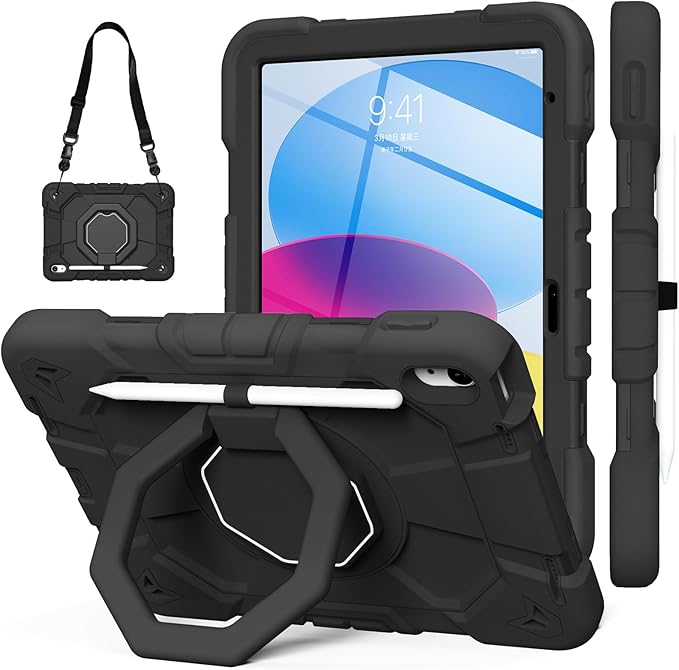 JKSML Case for iPad (A16) 11th Generation 11 Inch 2025 / iPad 10th Gen 10.9 Inch 2022 Military Grade Protection Cover with 360° Rotating Kickstand &amp Pencil Holder &amp Shoulder Strap (Black)