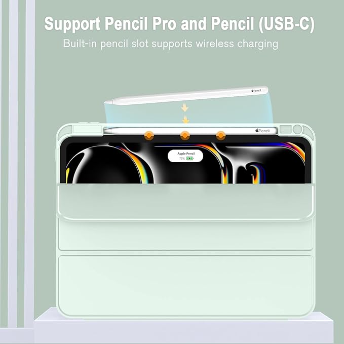 ZryXal New iPad Pro 13 Inch Case (M5) 2025 / (M4) 2024 with Pencil Holder Smart iPad Case [Support Pencil Pro and Pencil (USB-C)] Support Touch ID and Auto Wake/Sleep (Pale Green)