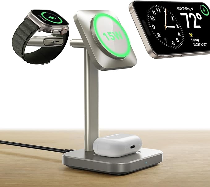 ESR for 3 in 1 Wireless Charging Station Certified Apple Watch Charger 15W MagSafe Charger Stand Wireless Charger for Multiple Devices iPhone 17/16/15/14/13 Watch AirPods Natural Titanium