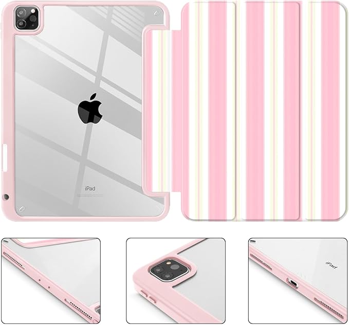 Mektron Case for iPad Pro 11 inch Case M2 2022 Generation 4th Fit 2021 2020 2018 iPad Pro 11 (3rd 2nd &amp 1st Gen) -Buit in Pencil Holder with Shockproof Cover Clear Shell Pink Striped