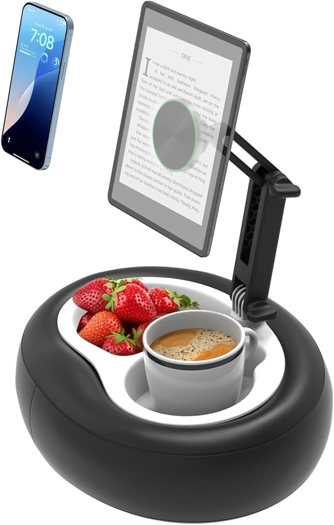 Magnetic Cell Phone Leather Pillow Stand 【Stain-Resistant】 Kindle Pillow Holder with 2 Snack Bowl Adjustable Smartphone Holder for Lap/Bed/Sofa Fit 4-7 iPhone Kindle E-Reader iPad mini