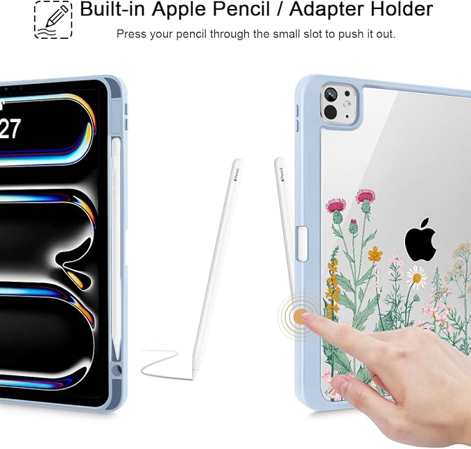 May Chen Case for iPad Pro 11-Inch M5/M4 2025/2024 (6th/5th Generation) Clear Transparent Print Back Shell Slim Stand Shockproof Tablet Cover Auto Wake/Sleep Herbs Flowers
