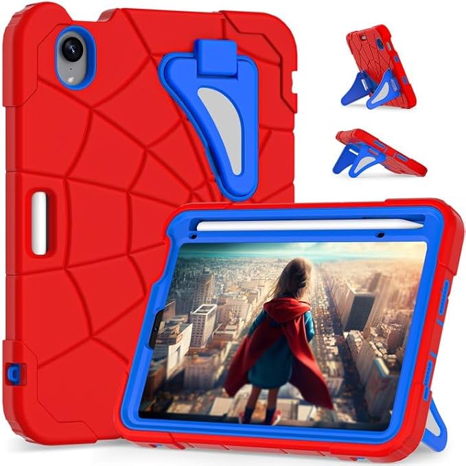 Kids Case for iPad mini 7 A17 Pro 2024/ Mini 6 8.3 inch Spider Case for iPad mini 7th 6th Generation Shockproof Durable Full Protective Cover with Pencil Holder Kickstand (Red+Blue)