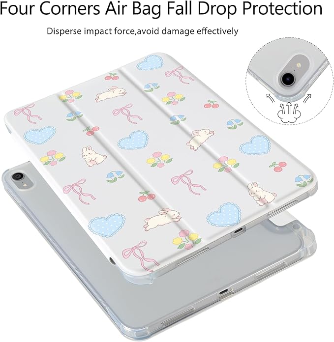 Cute Rabbit Floral Bow for iPad Air 13 Inch Case M3 2025/M2 2024[Pencil Holder+Auto Sleep/Wake]Slim Stand Soft Leather TPU Back Smart CoverWhite