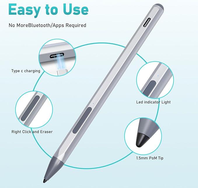 Stylus Pen for HP Envy X360 Pavilion X360 Specter X360 Spectre X2 Envy X2 Rechargeable MPP 2.0 Tilt Active Pen with 4096 Pressure Sensitivity Palm Rejection Tpye-c Charge Sliver