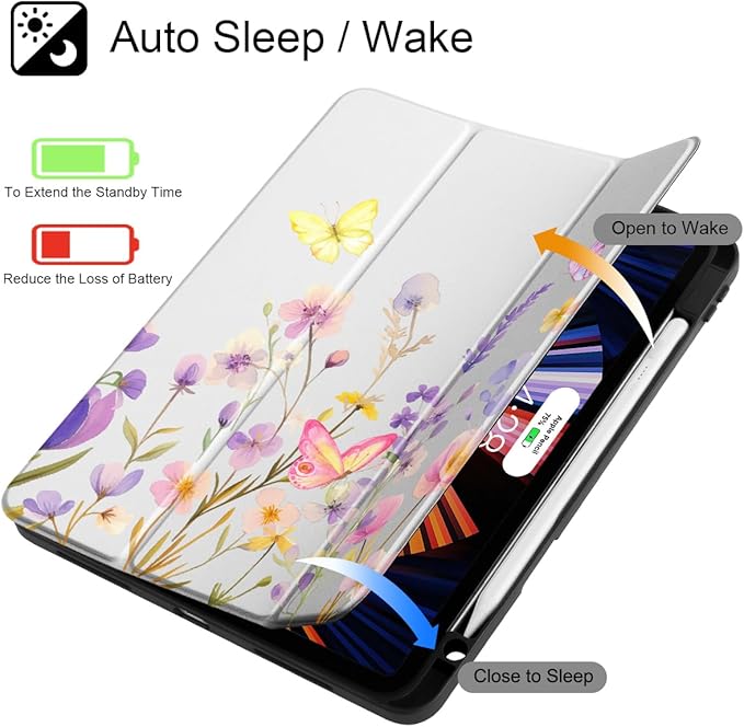 Tuiklol for iPad Pro 11 Inch Case M2 2022 Generation 4th -Built-in Pencil Holder Shockproof Cover Clear Transparent Back Shell Fit for iPad 11’’ 2021 2020 2018 Gen 3rd/2nd/1st for Kid Purple Flower