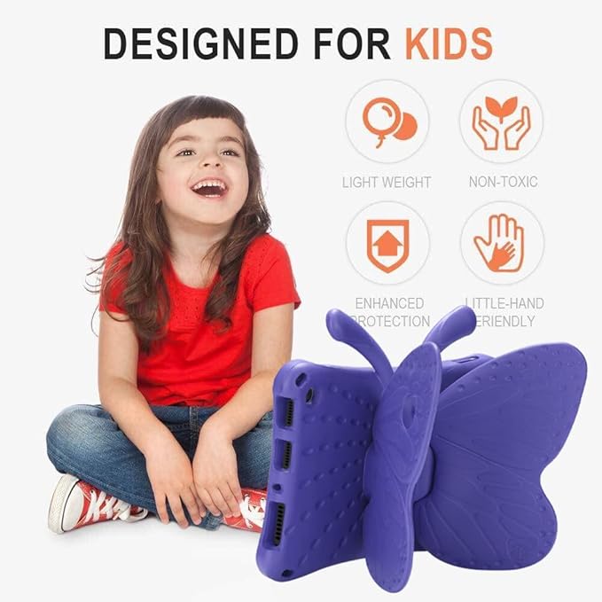 Fire 7 Kids Tablet 2022 Case - Butterfly Design EVA Full Cover Sturdy &amp Shockproof Kickstand &amp Handle Purple
