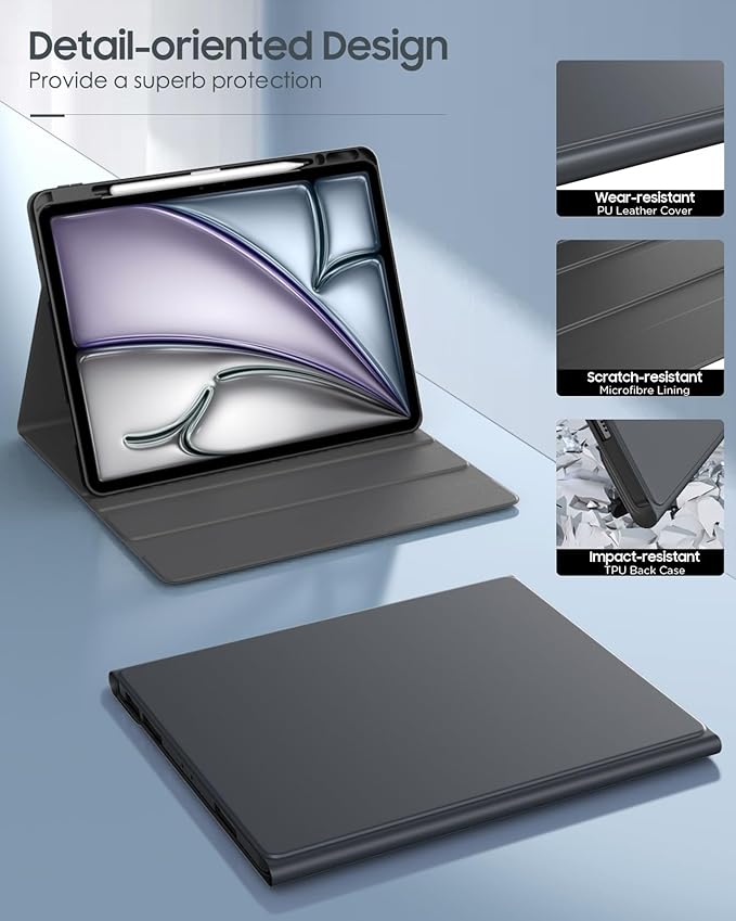 MoKo for iPad Air 13 Inch Case with Keyboard (M4 2026/ M3 2025/M2 2024) iPad Pro 12.9 inch (5th/6th Gen) Case with 7 Colors Backlit Pencil HolderMulti-Angle Detachable Bluetooth KeyboardSpace Gray