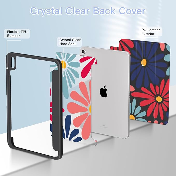 Teryeefi Case for iPad (A16) 11 inch (2025)iPad 10th Generation 10.9 inch (2022) with Pencil Holder Auto Wake/SleepPremium Stand Foldable Case with Crystal Clear Hard Back TPU Shell Colorful Flower