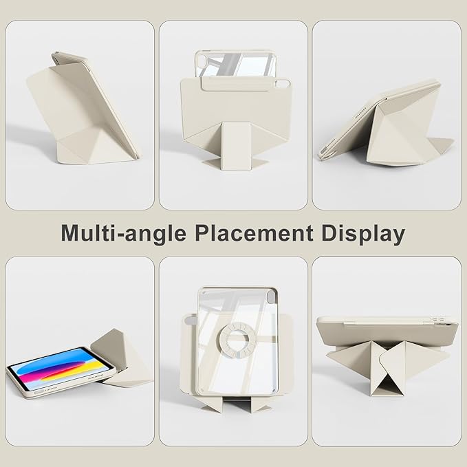 Case for iPad 11-Inch (A16) 11th Generation/ 10.9-Inch 10th Gen (2025/2022) with Pencil Holder Detachable Magnetic 360° Rotating Clear Protective Cover Portrait/Landscape Stand White Cream