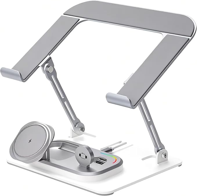 Adjustable Laptop Stand with Wireless Charger 3-in-1 Charging Station for Phone and Watch Ergonomic Aluminum Notebook Riser with LED Light 25W Qi2 Fast Charging (Silvery)