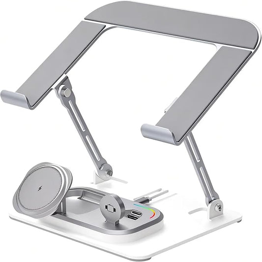 Adjustable Laptop Stand with Wireless Charger 3-in-1 Charging Station for Phone and Watch Ergonomic Aluminum Notebook Riser with LED Light 25W Qi2 Fast Charging (Silvery)