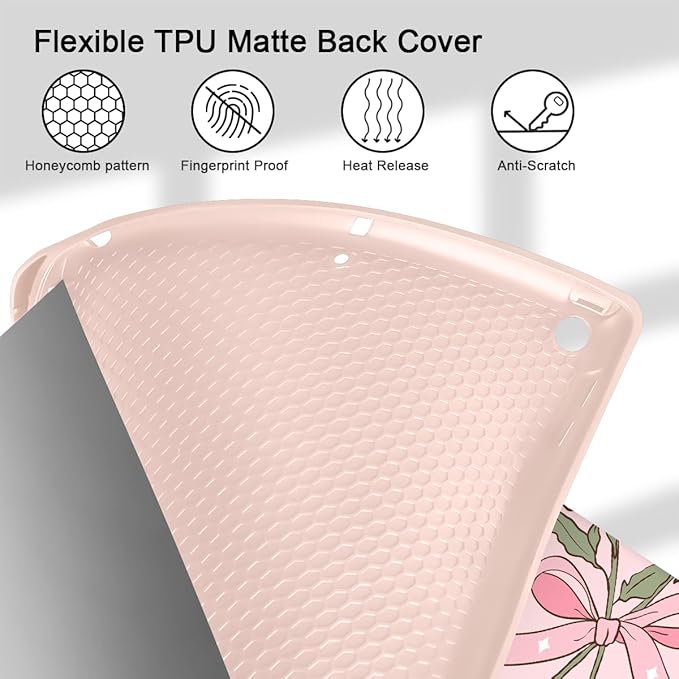 Tuiklol Case for iPad 10.2 Inch 2021 2020 2018 Release 9th / 8th / 7th Generation Built-in Pencil Holder TPU Protective Stand Back Cover Trifold Stand-Auto Wake/Sleep Bow &amp Rose