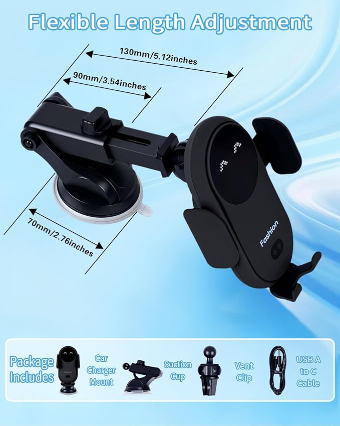 Wireless Car Charger Auto-Clamping 3-in-1 Phone Mount - 15W/10W/7.5W Fast Charging Car Accessories Compatible with iPhone 16/15/14/13/12/11/Xs/XR Samsung S23 Ultra/S22/S21/S20/S10+/S9(Black)