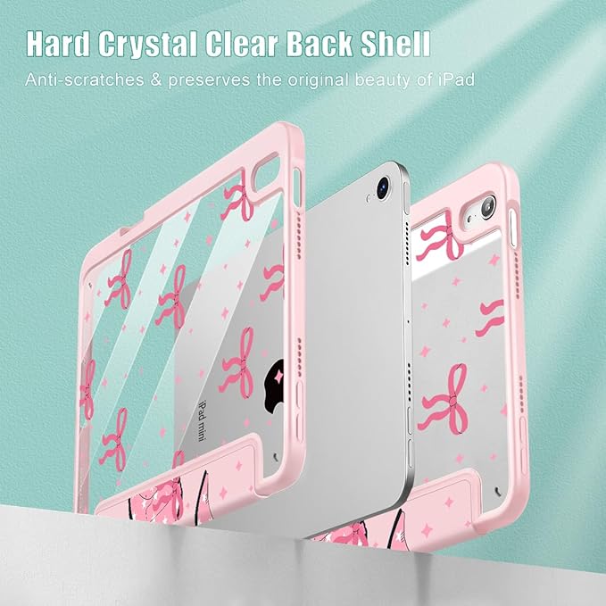 May Chen Slim Case for iPad mini 7 (A17 Pro 7th Generation) 2024 / iPad mini 6 (6th Gen) 8.3 Inch [Built-in Pencil Holder] Shockproof Cover Clear Clear Back Shell Auto Wake/Sleep Pink Boots Bows