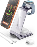 Intoval Aluminum 3 in 1 Wireless Charging Station for iPhone 17 16 15 14 13 12 11 Pro Max XR Wireless Charger for Apple Watch 11 10 9 8 7 Ultra SE 3 2 Phone Charger for AirPods 4 Pro 2 3 (Lavender)