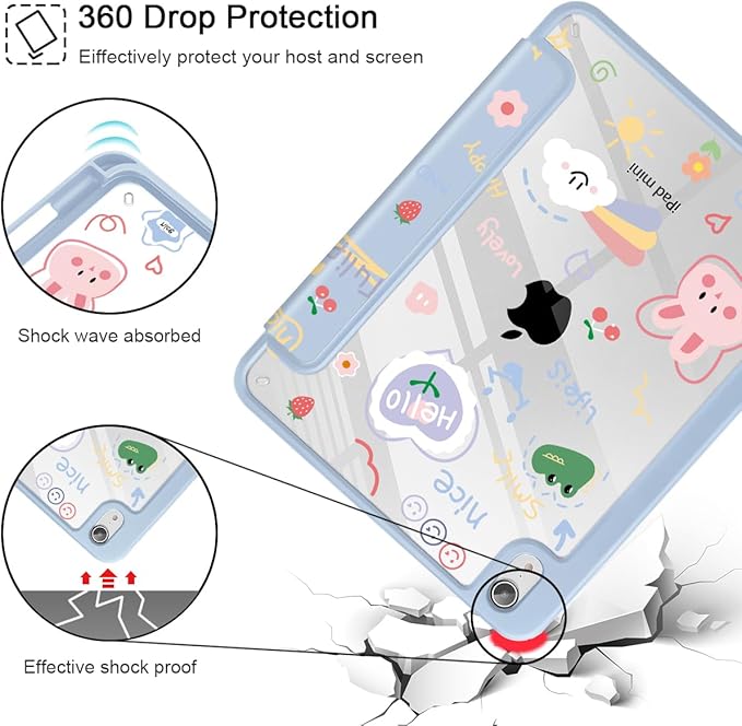May Chen Case for iPad mini 7 (A17 Pro 7th Generation) 2024 / iPad mini 6 (6th Gen) 8.3 Inch [Built-in Pencil Holder] Shockproof Cover Clear Clear Back Shell Auto Wake/Sleep Cartoon Stick Figure