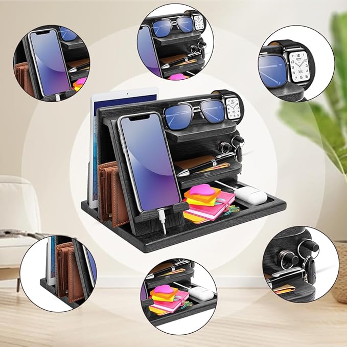 Wood Phone Docking Station - Gifts for Men Desk or Nightstand Organizer - Birthday Gifts for Husband Fathers Day for Dad - Anniversary Idea from Wife - Key Holder Stand Wallet Watch &amp Essential