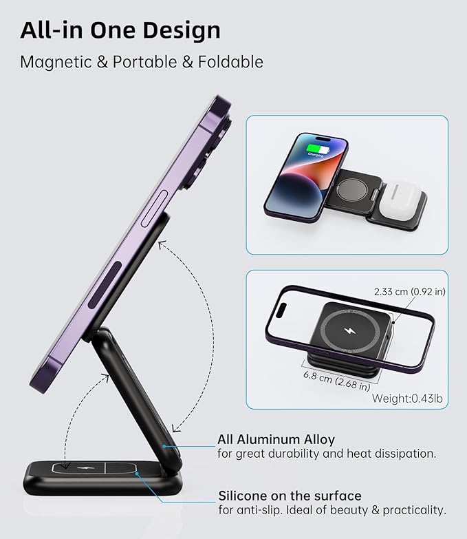 Foldable Magnetic Wireless Charger KU XIU X40 Aluminum Alloy 3 in 1 Charging Station for Apple Fast Charging Travel Charger for iPhone 17 16 15 14 13 12 5W for Apple Watch &amp AirPods Black
