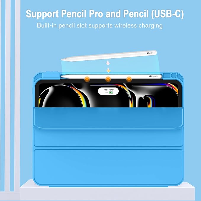 ZryXal New iPad Pro 13 Inch Case (M5) 2025 / (M4) 2024 with Pencil Holder Smart iPad Case [Support Pencil Pro and Pencil (USB-C)] Support Touch ID and Auto Wake/Sleep (New Ocean Blue)