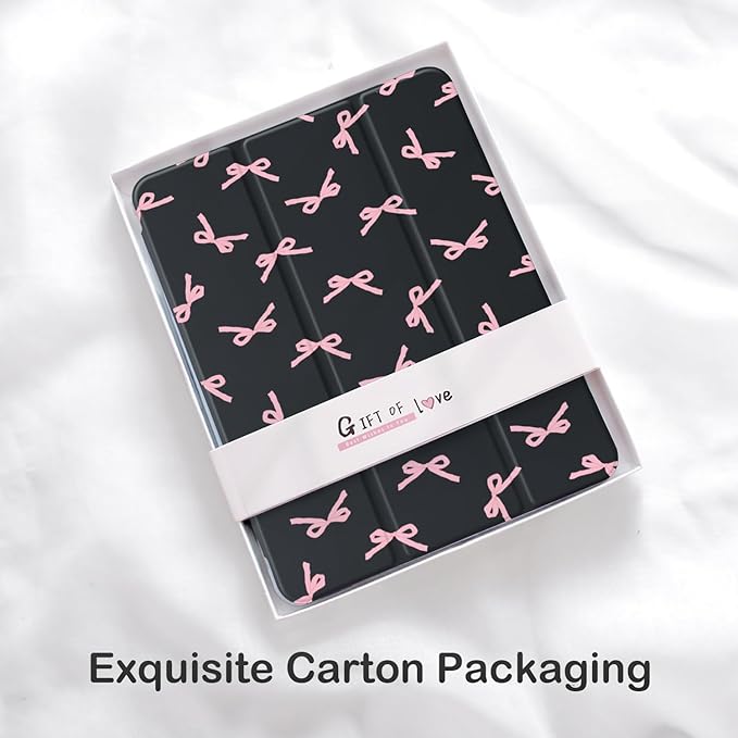 Cute Kawaii Pink Bow for iPad Air 11 Inch Case 7th/6th Generation (M3/M2) 2025/2024 with Pencil Holder Auto Sleep/Wake Black Leather Clear Acrylic Back Cover
