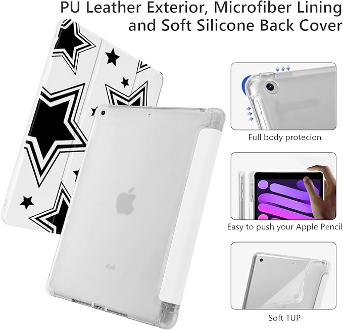 Cute Kawaii Y2K Star for iPad 7th/8th/9th Generation Case with Pencil Holder Auto Sleep/Wake Leather Soft TPU Back Cover for iPad 10.2 Inch 2019/2020/2021