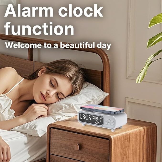 IHAO 5in1 Alarm Clock with Wireless Charging Night Light 15W Fast Charger for Phone and Headphone LED Digital Display with Date &amp Temperature Dimmable for Bedroom &amp Office-D15 Clock White