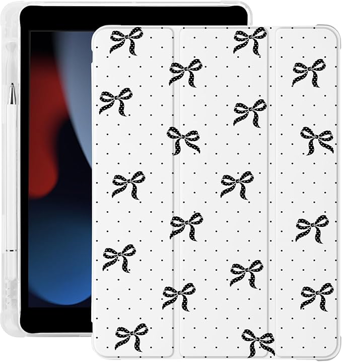 Cute Black Bow Polka Dot for iPad Air 3 Case with Pencil Holder Auto Sleep/Wake White Leather Soft TPU Back Cover for iPad Pro 10.5 Inch 2017