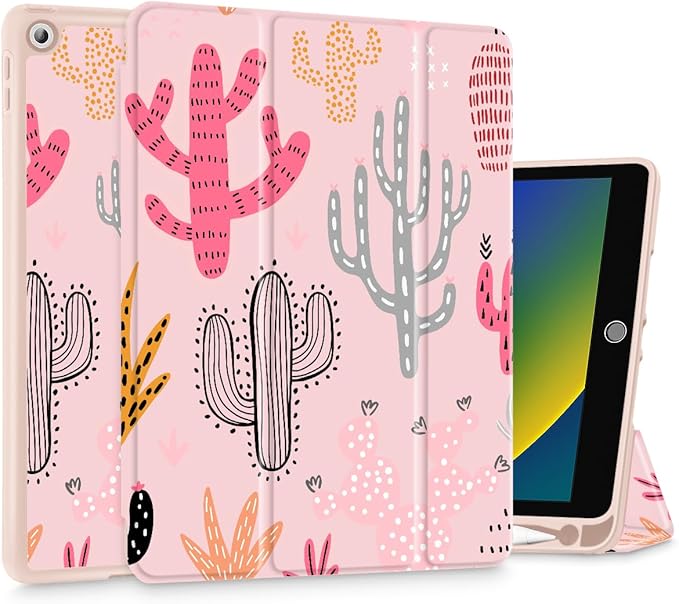 Mektron Designed Printed iPad 10.2 Case 9th Gen (2021)/ 8th Gen (2020)/ 7th Gen (2019) with Pencil Holder Slim Stand Protective Case with Soft TPU Back for iPad 10.2 Inch Colorful Cacti