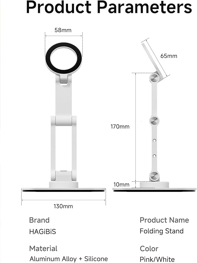 Hagibis Magnetic Phone Stand for MagSafe 360° Rotation Foldable Triaxial Aluminum Desk Phone Holder Height Adjustable for iPhone 17 16 15 Pro Max (White)