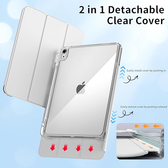 kenke Hybrid Case for iPad Air 11 Inch (M3) 2025 / (M2) 2024 iPad Air 5th/4th Gen 2022/2020 10.9 Inch with Pencil Holder Detachable Cover with Clear Hard Back Shell Auto Sleep/Wake Gray White