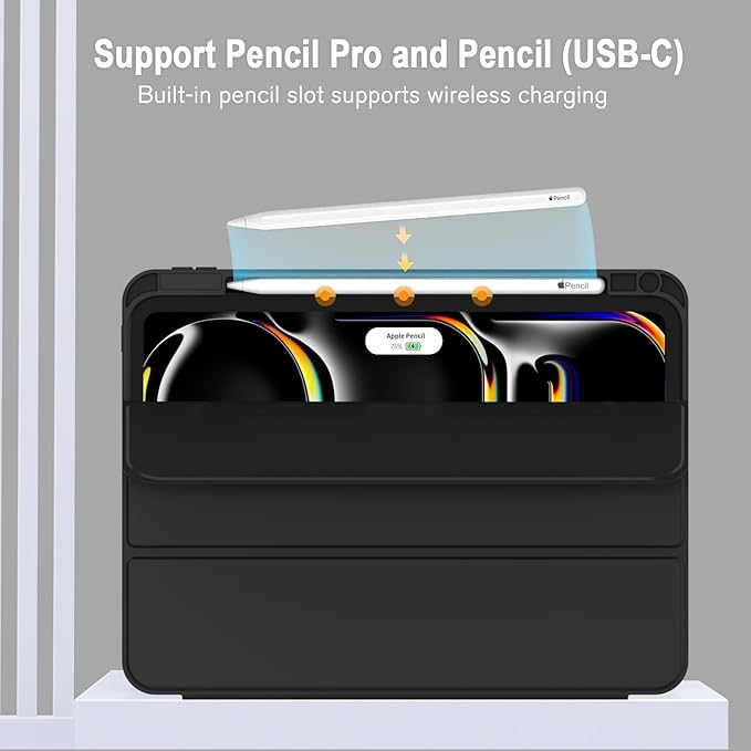 ZryXal New iPad Pro 13 Inch Case (M5) 2025 / (M4) 2024 with Pencil Holder Smart iPad Case [Support Pencil Pro and Pencil (USB-C)] Support Touch ID and Auto Wake/Sleep (Black)