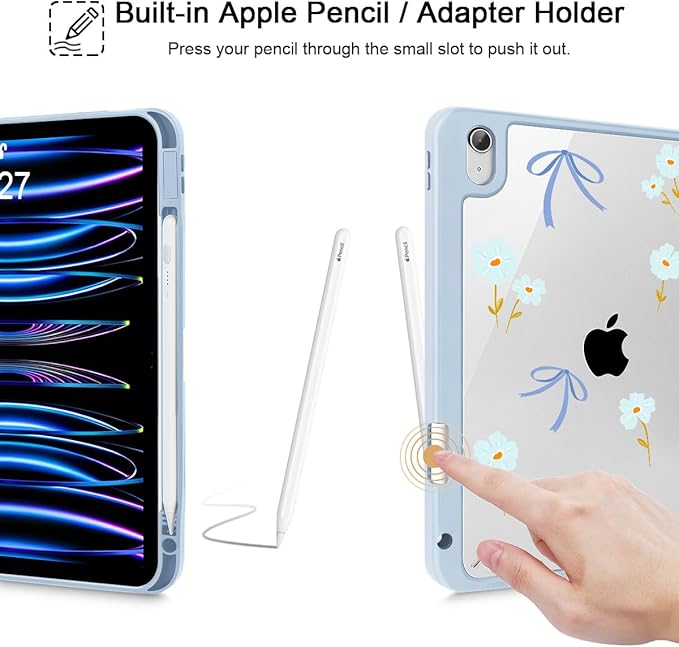 Mektron Case for 2026 iPad Air 13 inch M4 Cover Compatible 2025 iPad Air 13 inch M3 2024 iPad Air 13 inch M2 with Pencil Holder Shockproof Clear Shell Blue Bows &amp Flowers
