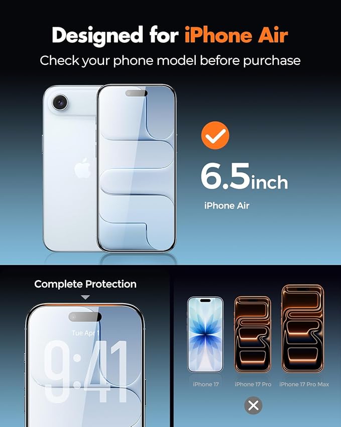 UNBREAKcable 4-Pack Screen Protector for iPhone Air Double Shatterproof Tempered Glass [Easy Installation Frame] [9H Hardness] [99.99% HD Clear] [Case Friendly] for Apple iPhone 17 Air 6.5 inch