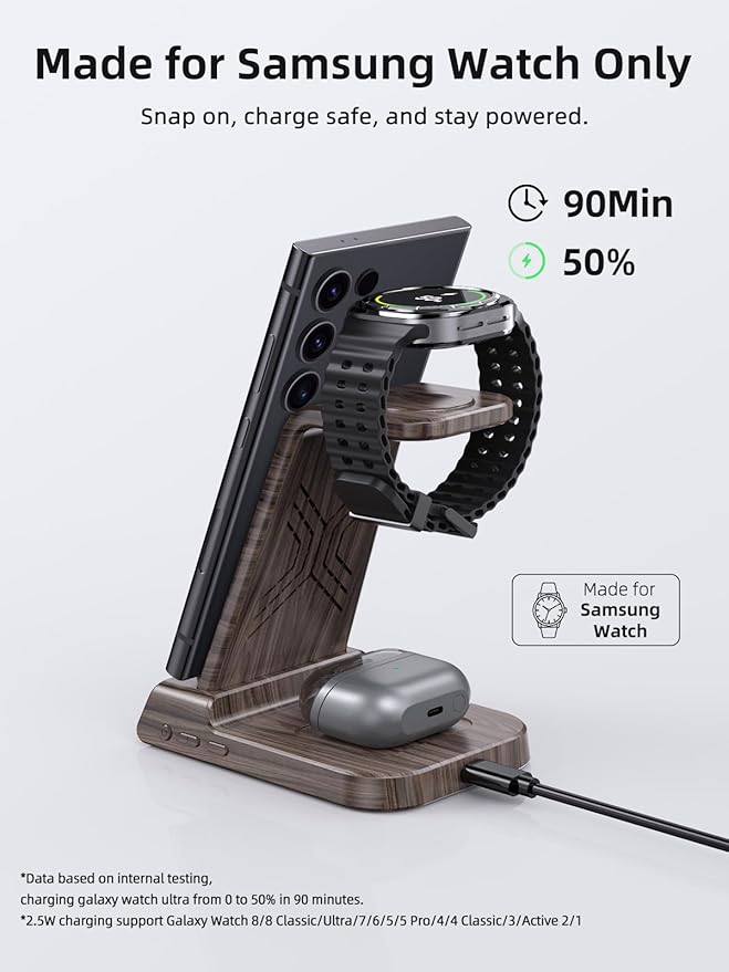 Wireless Charger Samsung Charging Station: 3 in 1 Android Charging Stand with Dimmable Clock - Nightstand Organizer for Galaxy S25 S24 Ultra Galaxy Watch 8 7 6 5 4 Galaxy Buds Space-Saving Charger