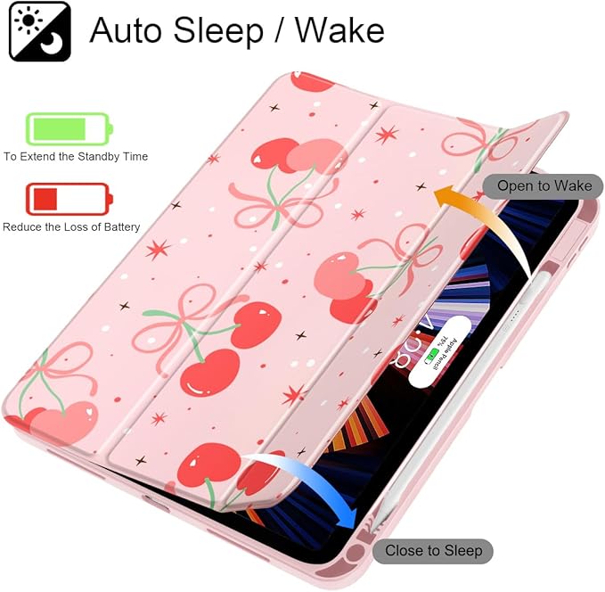 May Chen for iPad Air 11-inch M4/M3/M2 (2026/2025/2024) iPad Air 5th/4th 10.9 Inch - Shockproof Cover with Clear Back Shell &amp Penceil Holder Auto Wake/Sleep Stand Cover Coquette Cherry