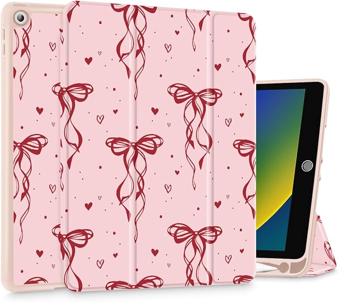 Mektron Designed Printed iPad 10.2 Case 9th Gen (2021)/ 8th Gen (2020)/ 7th Gen (2019) with Pencil Holder Slim Protective Case with Soft TPU Back Auto Wake/Sleep for iPad 10.2 Inch Layer Bows
