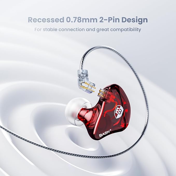 BASN Bsinger Professional in Ear Monitor Headphones Dual Drivers 2-Pin IEM Earbuds with Mic Clear Sound HiFi Earphones for Musicians Drummers and Stage (Red 2-Pin)