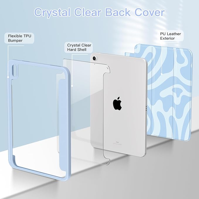 Teryeefi for 2025 iPad 11 inch A16 Case Cute Tablet Cover for iPad 10th/11 Generation Protective Shell with Pencil Holder Soft TPU+Crystal Hard Back Cover (Blue Wave)
