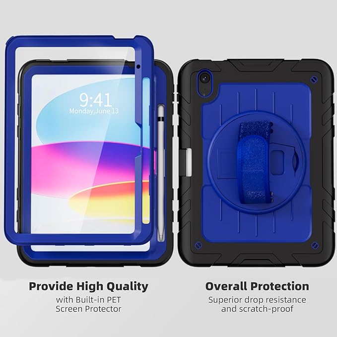 for iPad (A16) 11th/10th Generation Case 2025/2022 (11″/10.9″) Sturdy Heavy Duty Full-Body Shockproof Protective Case with Screen Protector Rotating Stand Hand/Shoulder Strap-Black+Dark Blue